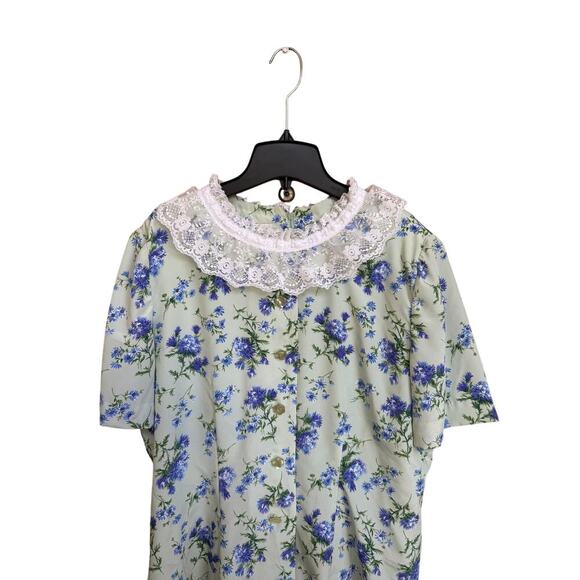 Leslie Fay 90s Grandmacore Prairie Midi Dress 14/Blue Floral Lace Collar - Picture 2 of 9